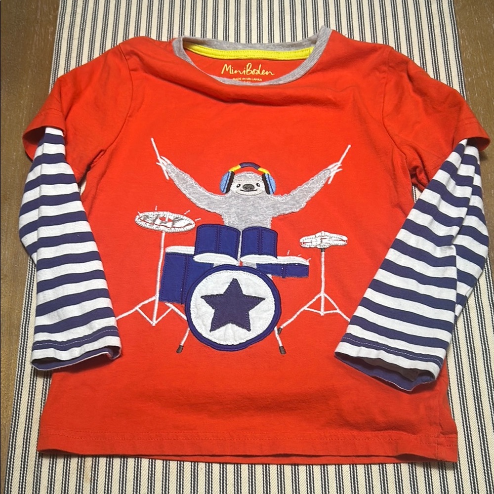 Mini Boden Red Kids Shirt with Striped Sleeves